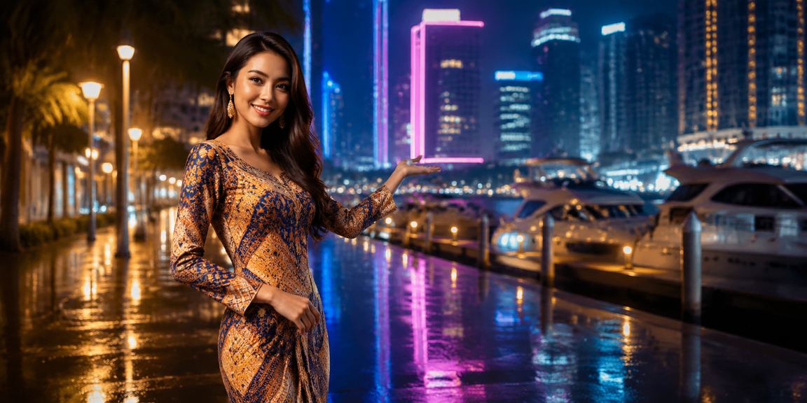 A player in Petaling Jaya using a phone to access the casino, with a batik pattern backdrop